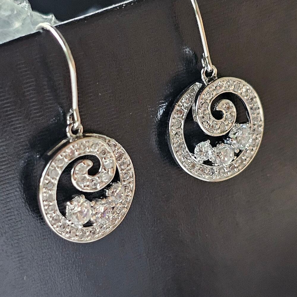 Sterling Silver 925 and Cubic Zirconia White Crystal Drop Dangle Hook Earrings - Picture 1 of 5